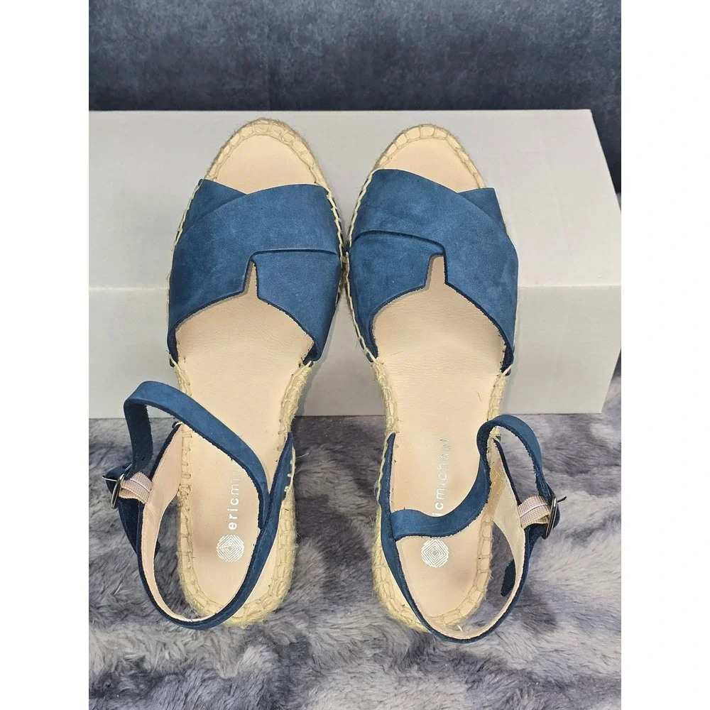 NWB Eric Michael Leigh Espadrille Wedge Blue Nubuck Sandals EU 36 US‎ 6